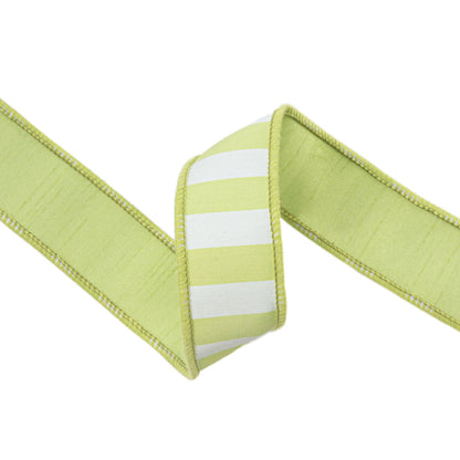 1 1/2" Wired Ribbon | Green/White Medium Horizontal Stripe w/ Green Backing | 10 Yard Roll