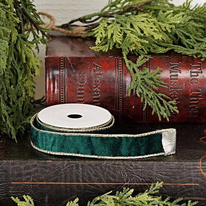 57R1218- Wired Velvet Ribbon-1inx10YD-Hunter Green/Gold Wire