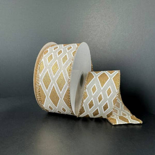 1.5"X10Y Ivory-Gold Lin/Gold Metallic Diamond Cascade Ribbon 73559-09-15