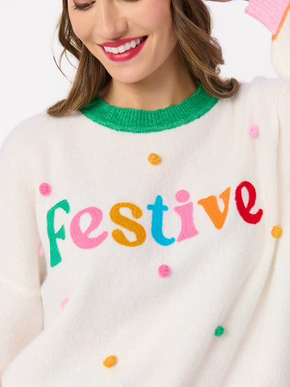 FESTIVE POM POM RELAXED SWEATERS, IVORY