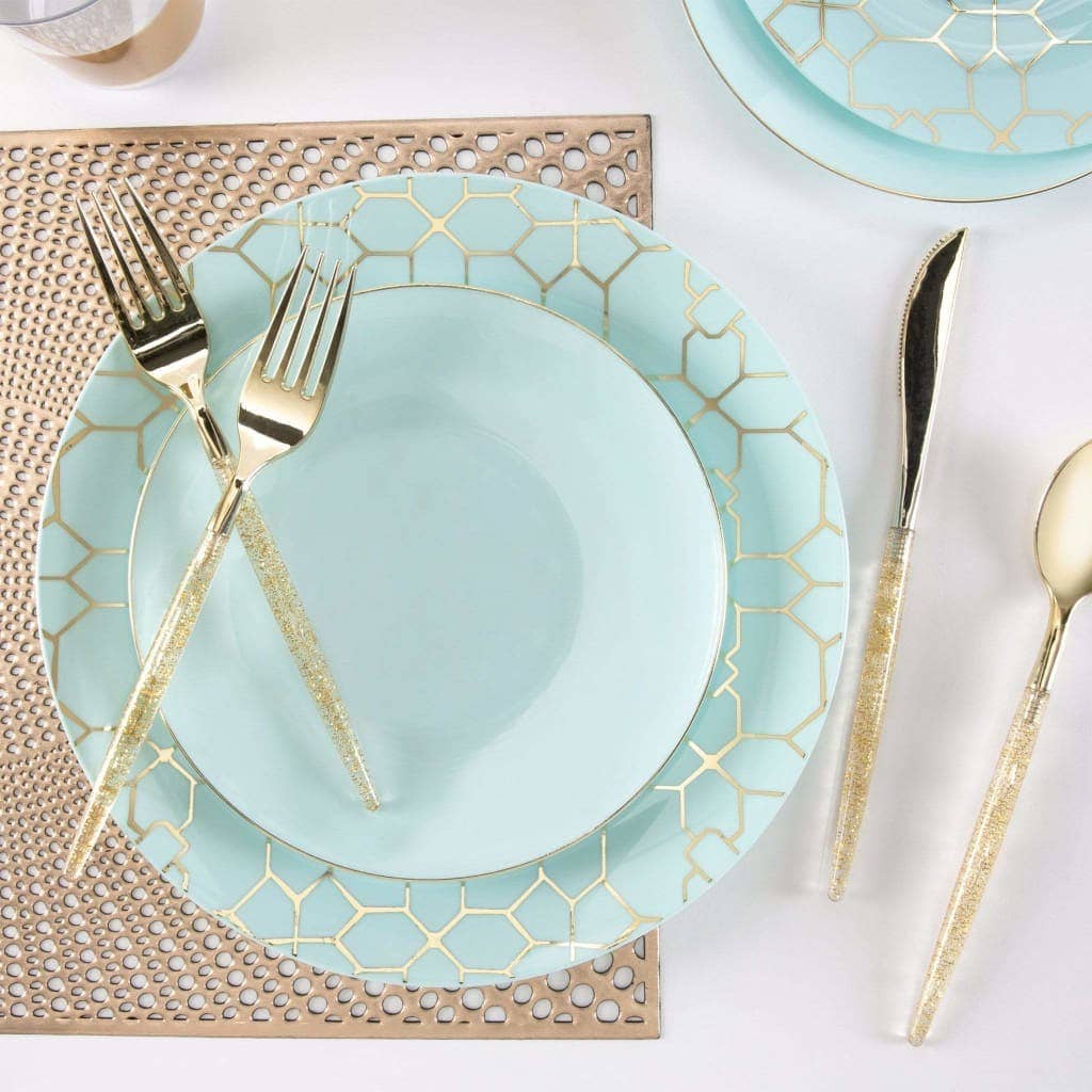 Mint Green and Gold Round Plastic Plates | 10 Pack