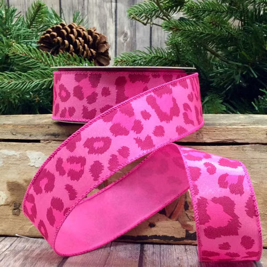 1.5" x 10yds Satin Leopard, Hot Pink