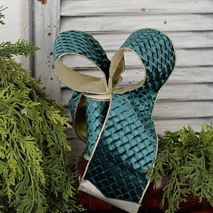 57R1303- Velvet Wired Ribbon-4inx10YD-Peacock Diamond/Gold W