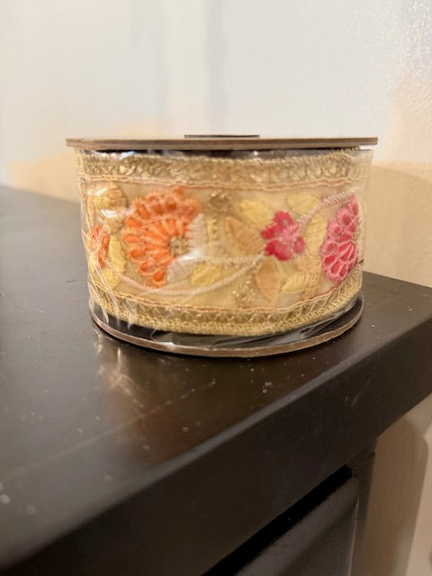 2" x 5yds, Metallic Floral Embroidery, Gold Metallic Back, Orange