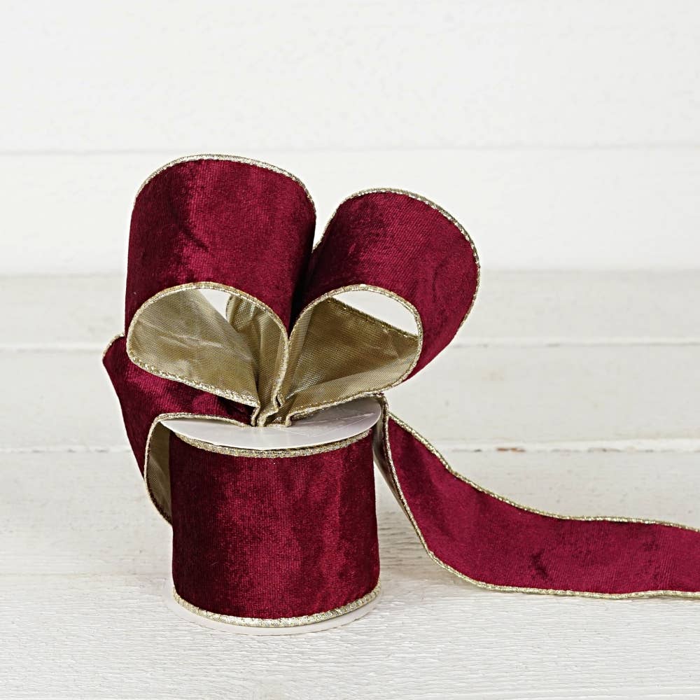R32981-Wired Ribbon-Burgundy Velvet w. Gold back (4inW)