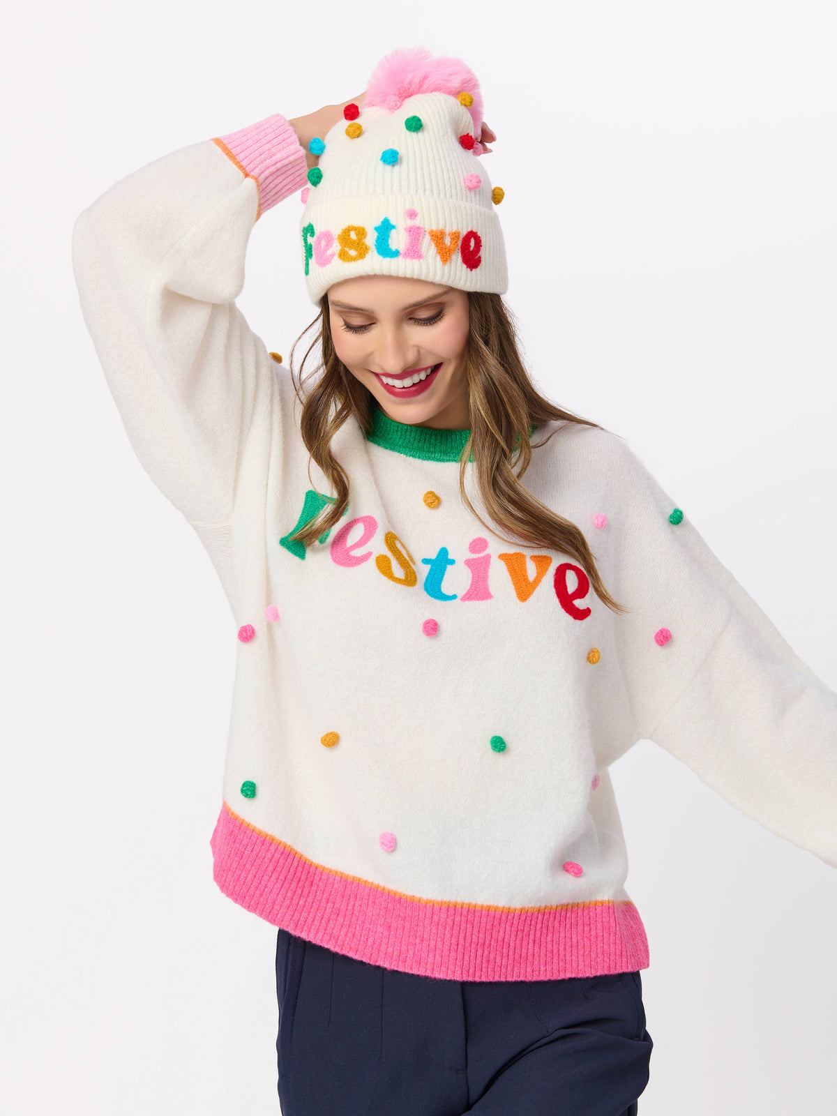 FESTIVE POM POM RELAXED SWEATERS, IVORY
