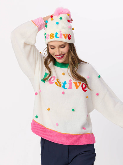 FESTIVE POM POM RELAXED SWEATERS, IVORY