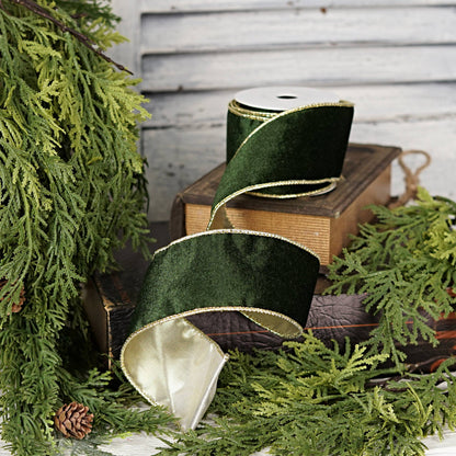 57R1266- Velvet Wired Ribbon-2.5inx10YD-Olive Green/Gold Wir