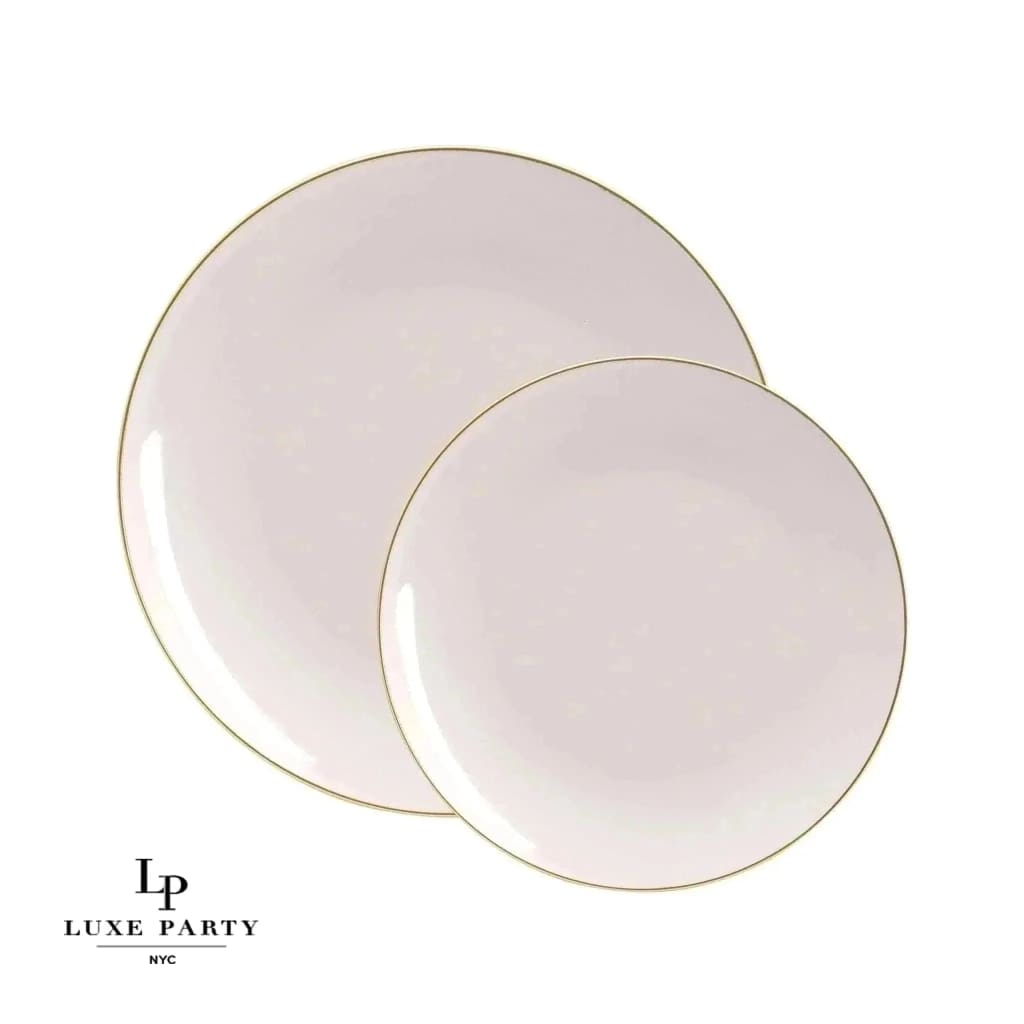 Round Linen and Gold Plastic Plates Set | 40 Pack