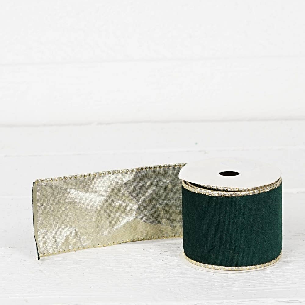 R32947-Wired Ribbon-Green velvet w. Gold Back, edges(2.5inW)