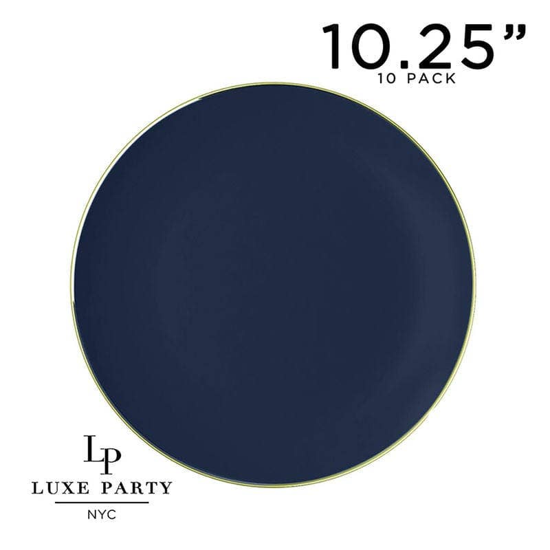 Round Navy Blue and Gold Plastic Plates | 10 Pack