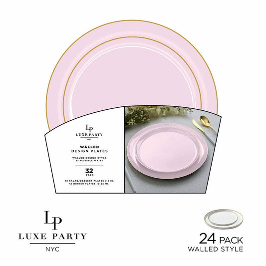 New Baby Pink and Gold Round Walled Plastic Plates Set | 32 Pack
