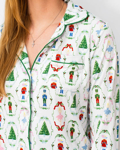 Nutcracker Waltz Long Sleeve Button Up Sleep Shirt   White/Multi   -Asst.