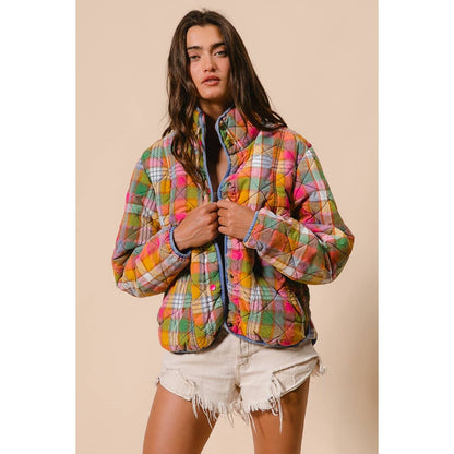 BLEACHED VINTAGE PLAID QUILTED JACKET WITH POCKETS