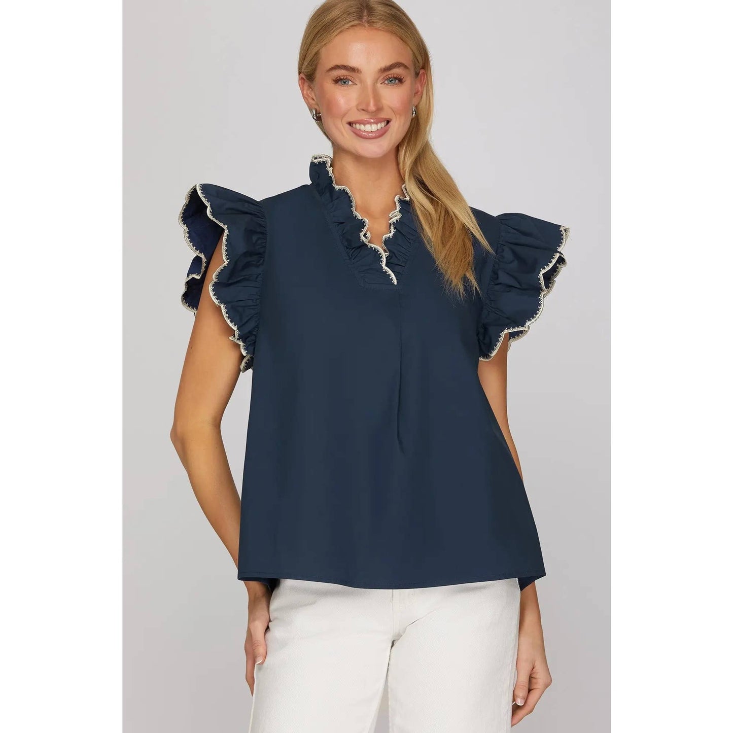 NEW EMBROIDERED RUFFLE SLEEVE TOP