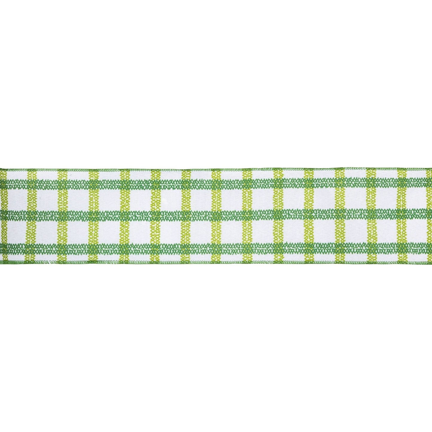 4" Wired Ribbon | Green Grid on White Linen | 10 Yard Roll