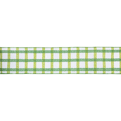 4" Wired Ribbon | Green Grid on White Linen | 10 Yard Roll