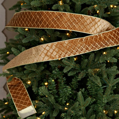 57R1271- Velvet Wired Ribbon-2.5inx10YD-Caramel Diamond/Gold