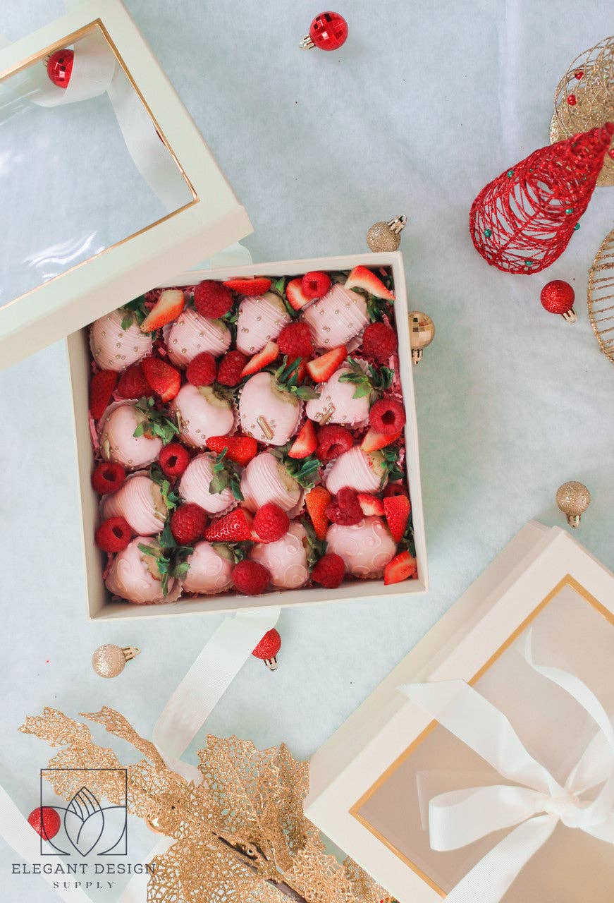 Square Gift Box with Clear Lid and Ribbon - Various Colors - For Luxury Flower/ Gift / Chocolate Strawberry Arrangements
