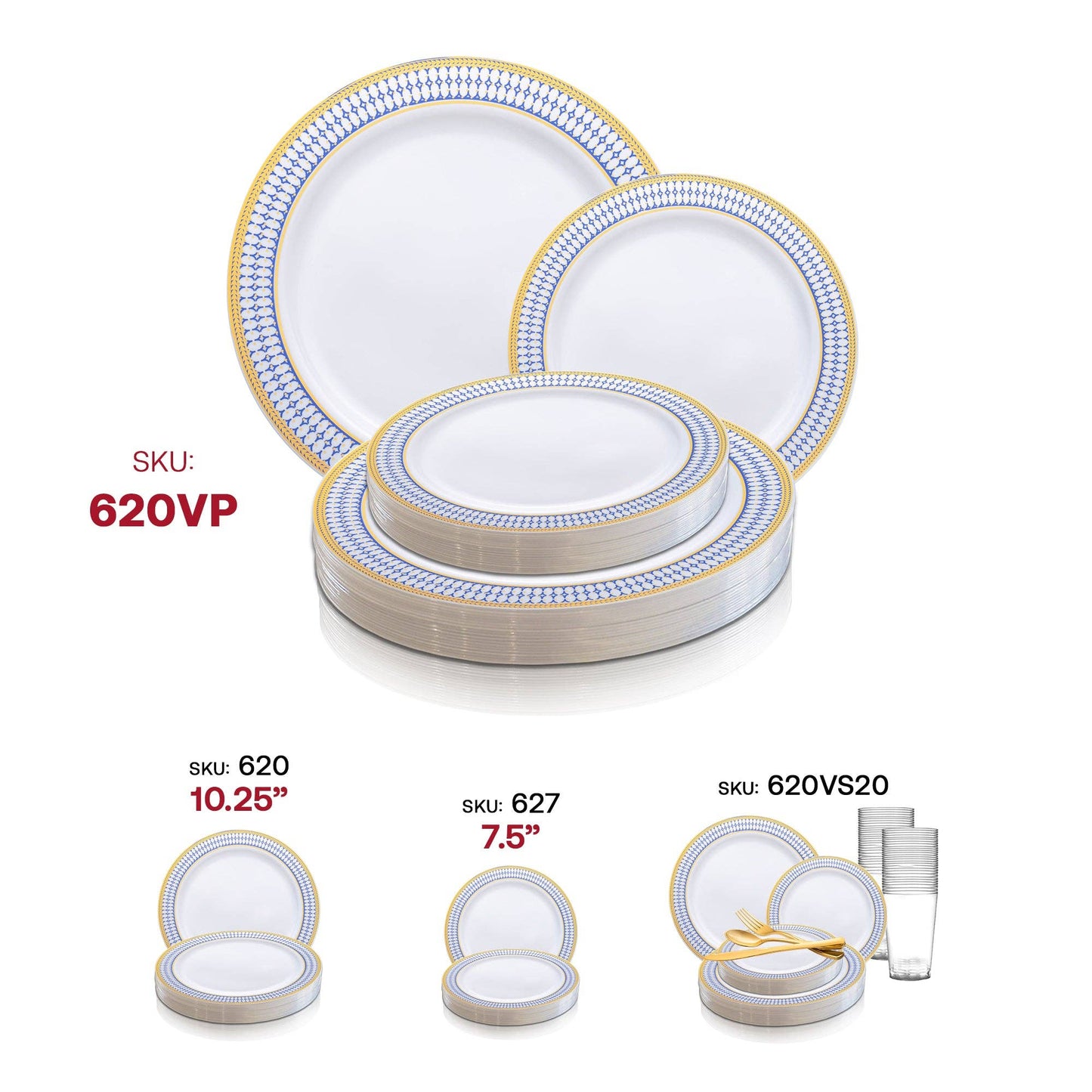 White Blue Gold Chord Rim Dinnerware Value Set - 20 Sets