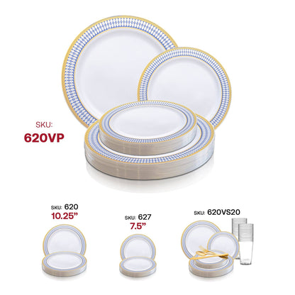 White Blue Gold Chord Rim Dinnerware Value Set - 20 Sets