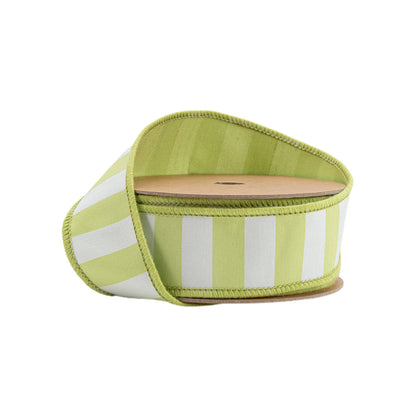 1 1/2" Wired Ribbon | Green/White Medium Horizontal Stripe w/ Green Backing | 10 Yard Roll