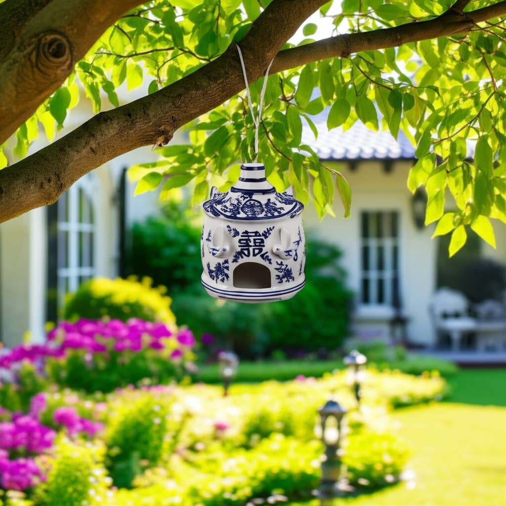 Bird House - White/Blue Chinoiserie Large Pagoda, 8 in.