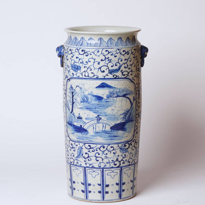 Blue and White Landscape Cartouche Porcelain Umbrella Stand