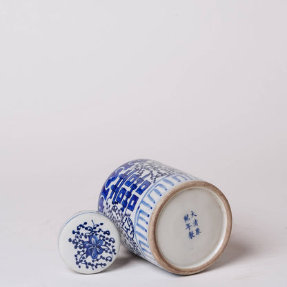 Blue and White Porcelain Double Happiness Cylinder Caddy