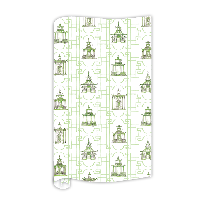 Handpainted Pagodas with Cane Border Green Wrapping Paper