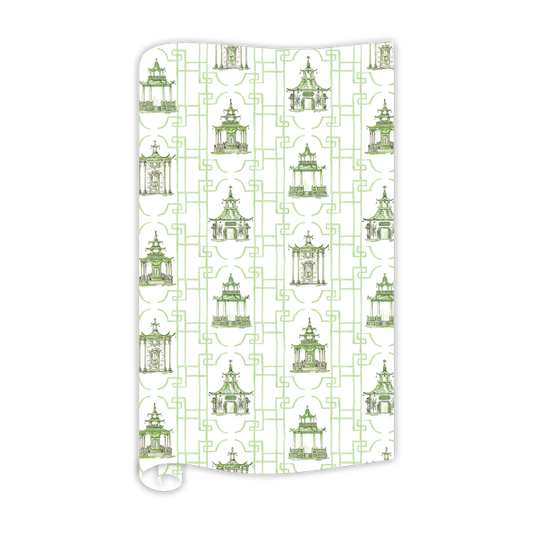 Handpainted Pagodas with Cane Border Green Wrapping Paper