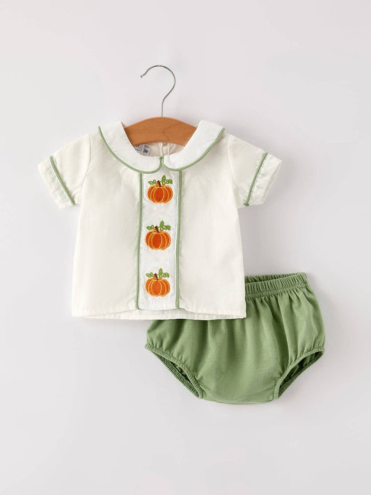 Fall Halloween & Thanksgiving Applique Plaid Boys Bloomers Romper Set
