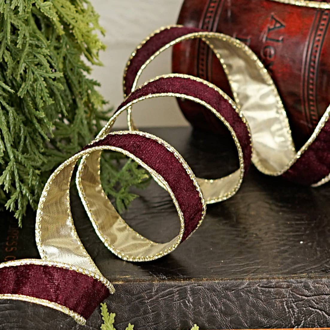57R1215- Wired Velvet Ribbon-1inx10YD-Burgundy/Gold Wire/Met