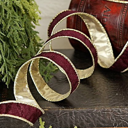 57R1215- Wired Velvet Ribbon-1inx10YD-Burgundy/Gold Wire/Met