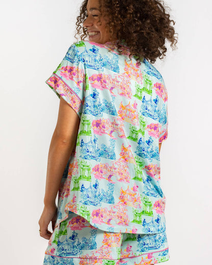 Maya Short Sleeve Button Up Sleep Shirt   Aqua/Multi