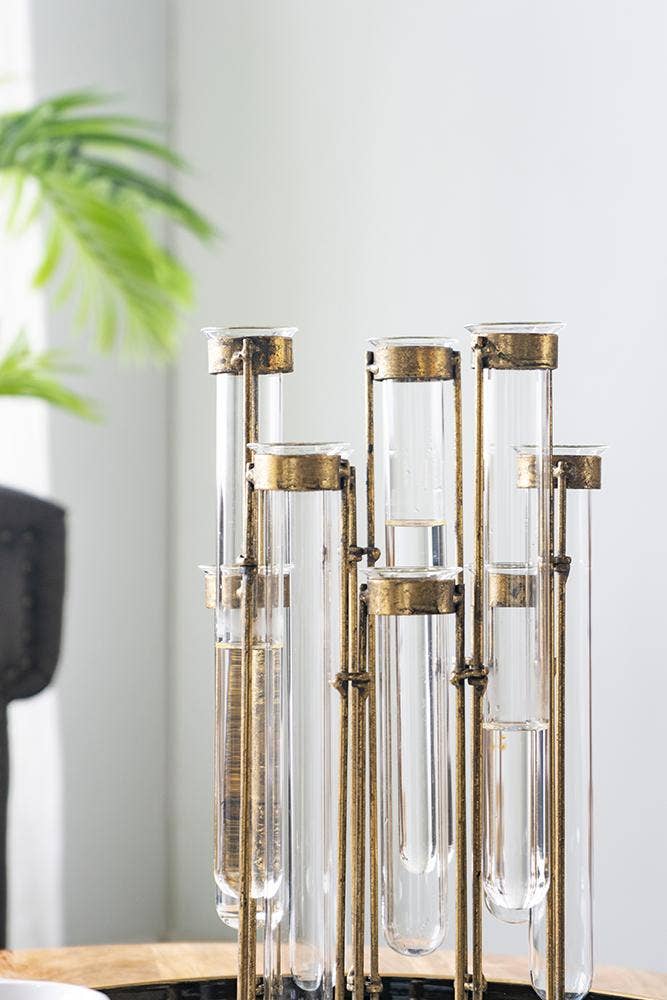 17.5x2x14" Glass Vial Flower Vase with Bronze Iron Frame