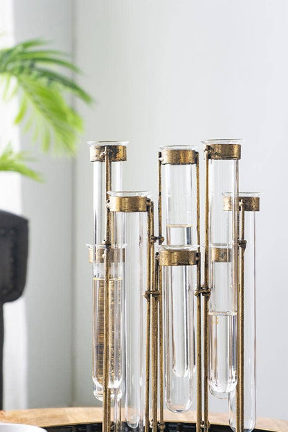 17.5x2x14" Glass Vial Flower Vase with Bronze Iron Frame