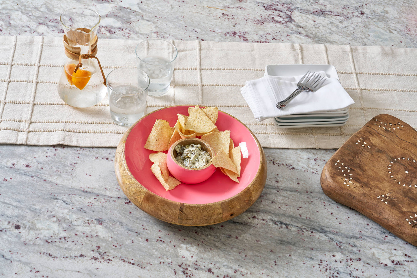 Gracie Chip & Dip Set - Mango Wood & Pink Enamel