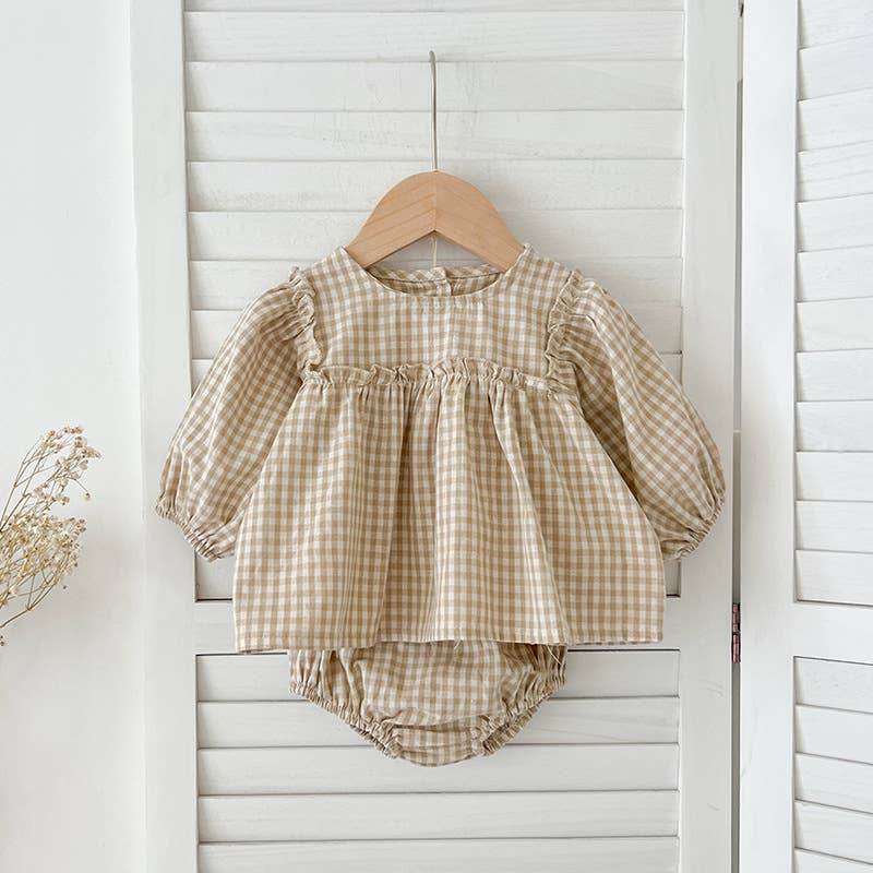 Gingham Baby Romper with Long Sleeve Puff Design