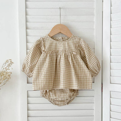 Gingham Baby Romper with Long Sleeve Puff Design