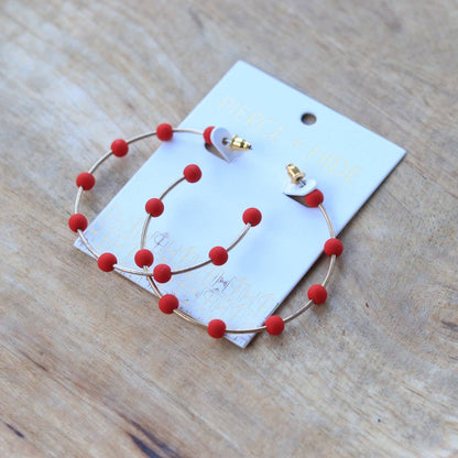 Red & Gold Bead Hoop Earrings | Polymer Clay Bead Hoop