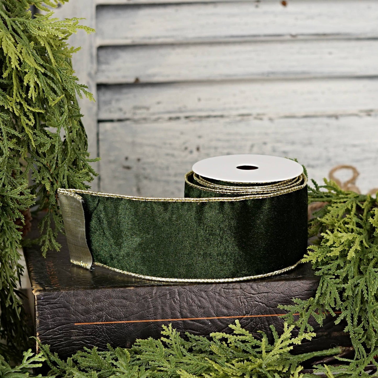 57R1266- Velvet Wired Ribbon-2.5inx10YD-Olive Green/Gold Wir