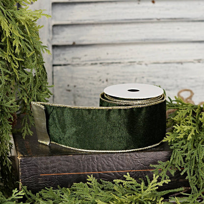 57R1266- Velvet Wired Ribbon-2.5inx10YD-Olive Green/Gold Wir