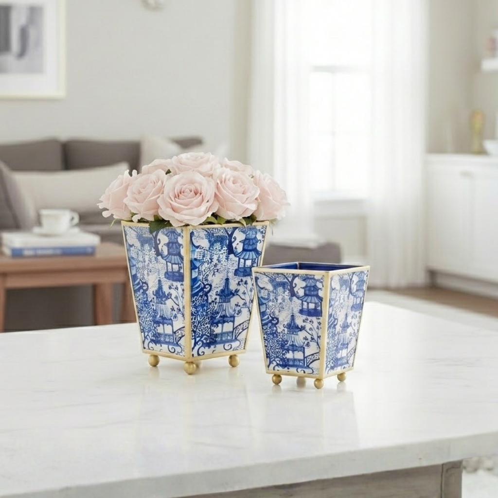 Garden Party Enameled Square Cachepot Planter