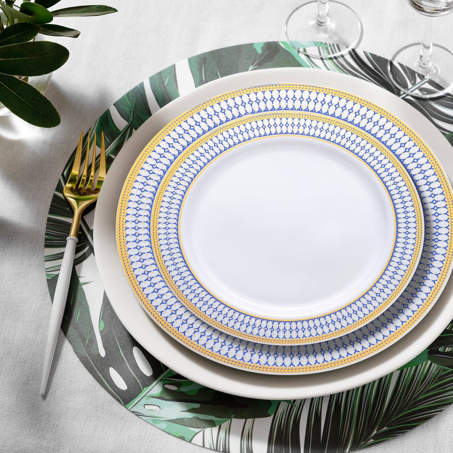 White Blue Gold Chord Rim Dinnerware Value Set - 20 Sets