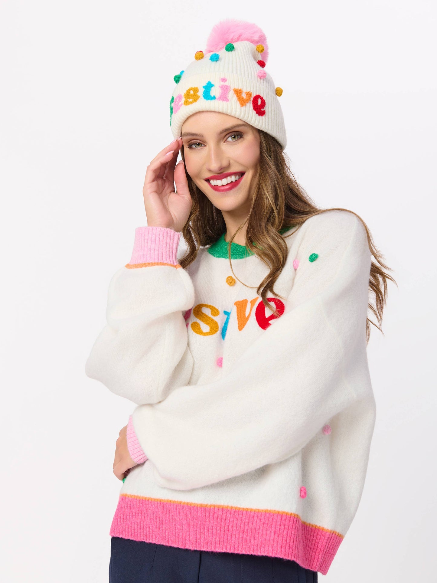 FESTIVE POM POM RELAXED SWEATERS, IVORY