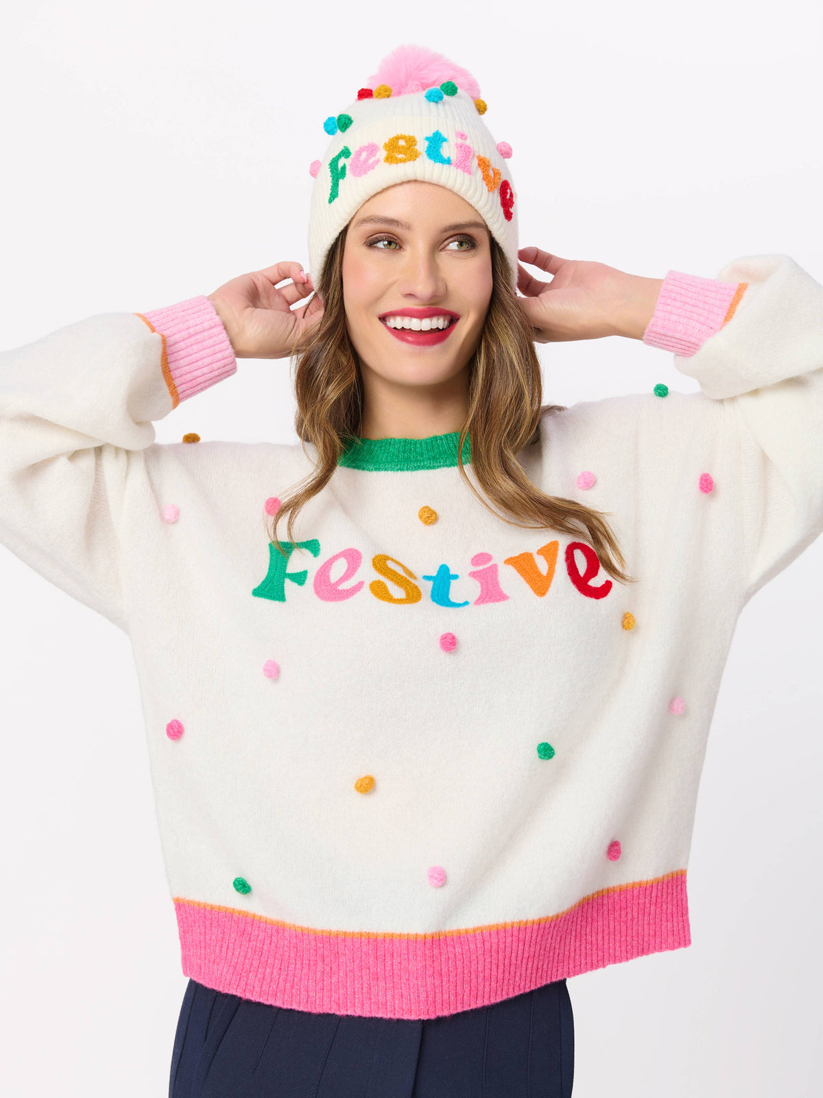 FESTIVE POM POM RELAXED SWEATERS, IVORY