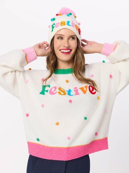 FESTIVE POM POM RELAXED SWEATERS, IVORY