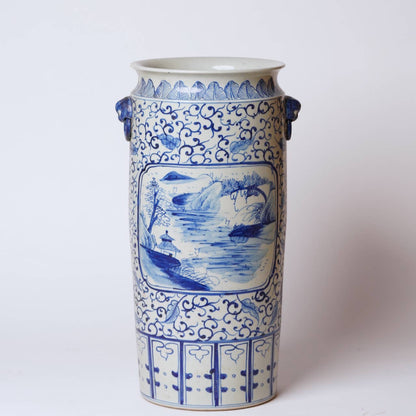 Blue and White Landscape Cartouche Porcelain Umbrella Stand