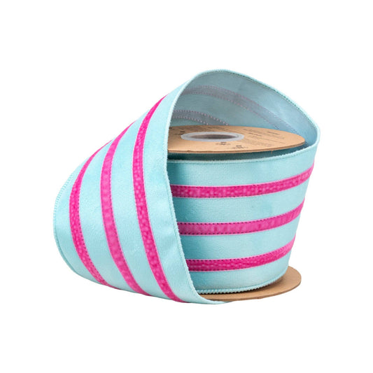 4" Wired Velvet Ribbon w/ Trim | Blue w/ Pink Trim | 10 Yard Roll